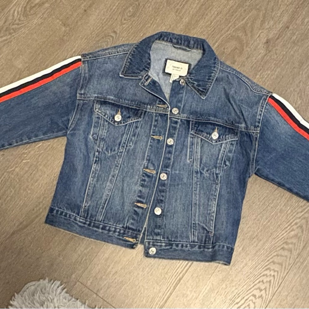 Forever 21 Blue Denim Jacket with Stripes Small